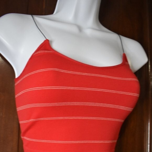 Womens Seamless Red and White Striped Spaghetti String Cropped Tank Top - Picture 6 of 11